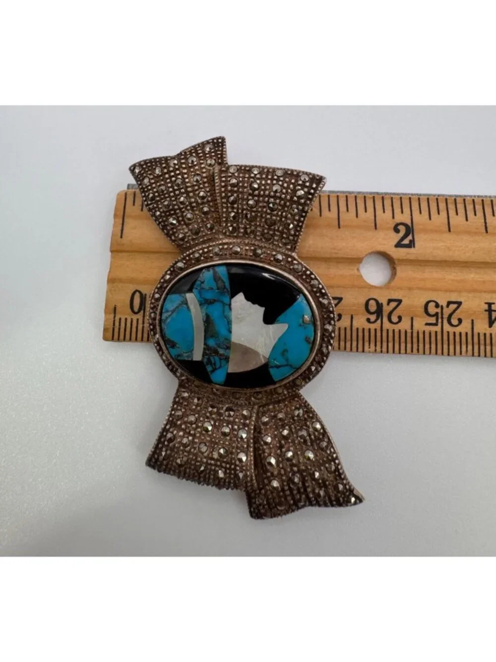 925 TH Sterling Silver Turquoise Abalone MOP Onyx Inlay Marcasite Bow Brooch - Picture 12 of 12